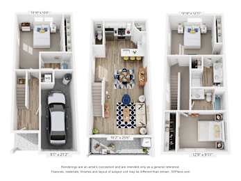 Three floor plans of a house with a car parked in the garage.