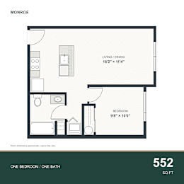 A floor plan for a 552 square foot one bedroom/one bathroom apartment.