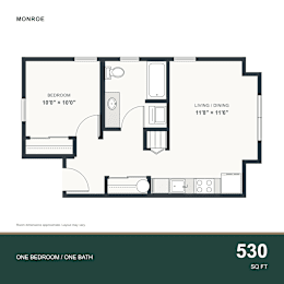 A floor plan for a one bedroom/one bath apartment.
