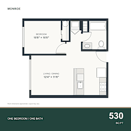A floor plan for a 530 square foot one bedroom/one bathroom apartment.