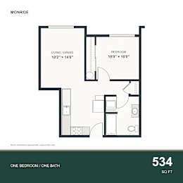 A floor plan for a 534 square foot one bedroom/one bathroom apartment.
