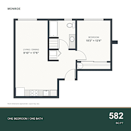 A floor plan for a one bedroom/one bathroom apartment measuring 582 square feet.