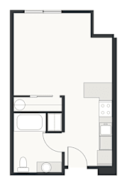 A floor plan of a house with a kitchen, living room, and bathroom.