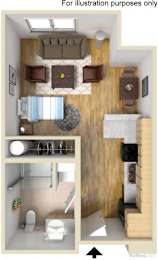 an aerial view of a bedroom with a bathroom and a living room