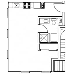 A black and white floor plan of a house with a kitchen, living room, and bathroom.