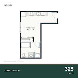 A floor plan for a 325 square foot studio apartment with one bathroom.