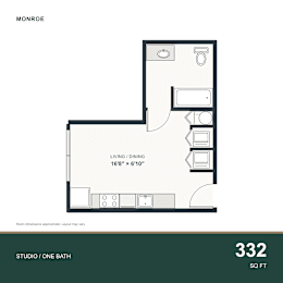 A floor plan for a 332 square foot studio apartment with one bathroom.