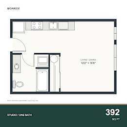 A floor plan of a studio apartment with a bathroom and living/dining area.