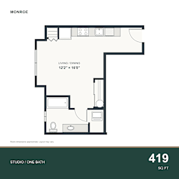 A floor plan for a 419 square foot studio apartment with one bathroom.