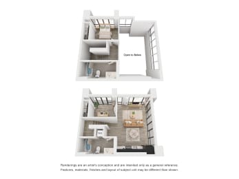 Gorgeous loft-style townhome, two bedroom, two bathroom, corner layout, living space is surrounded by windows 990 sq. ft. at The Weidler in Portland, OR 97209