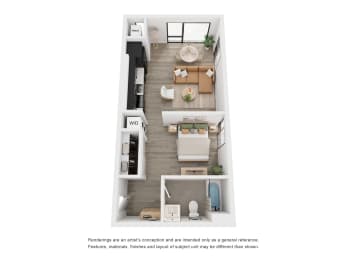 One bedroom, great living and work space, modern kitchen, full bath, closet and storage area.590 sq. ft. at The Weidler in Portland, OR 97209