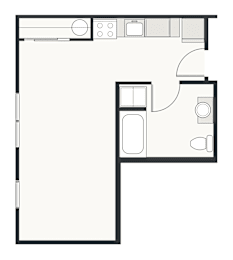 A floor plan of a small apartment with a kitchen, living room, and bathroom.