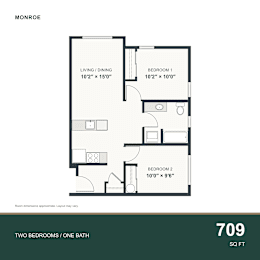 A floor plan for a Monroe apartment with two bedrooms and one bath.