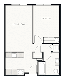 A black and white image of a floor plan for a small apartment.