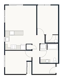A black and white floor plan of a house with a kitchen, living room, and bathroom.