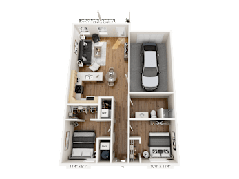 A 174x120 floor plan of an apartment with a car parked in the garage.