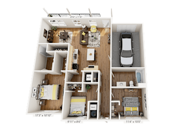 A 3D floor plan of a house with dimensions and furniture layout.