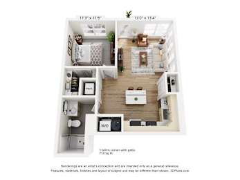 One bedroom corner apartment 3D floor plan at The Daniels 1 and 2 Apartments, Saukville, WI