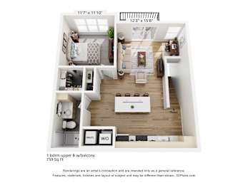 One bedroom upper level apartment 3D floor plan at The Daniels 1 and 2 Apartments, Saukville, 53080