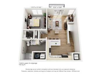 One bedroom upper level apartment with garage 3D layout at The Daniels 1 and 2 Apartments, Saukville, Wisconsin