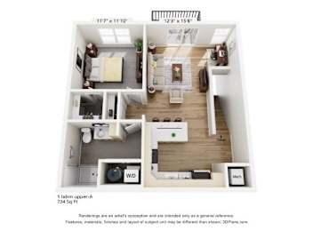 One bedroom upper apartment 3D floor plan at The Daniels 1 and 2 Apartments, Saukville