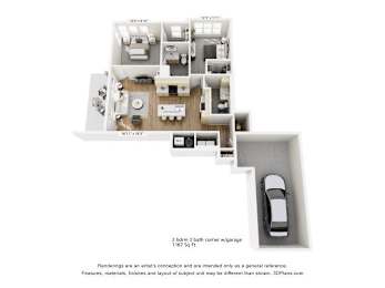 Two bedroom two bath corner apartment 3D floor plan at The Daniels 1 and 2 Apartments, Wisconsin