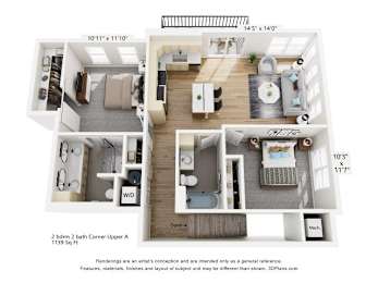 Two bedroom two bath corner upper apartment 3D layout at The Daniels 1 and 2 Apartments, Saukville, WI