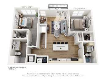 Two bedroom two bath upper apartment 3D layout at The Daniels 1 and 2 Apartments, Saukville, 53080
