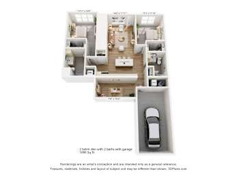 Two bedroom two bath with garage 3D floor plan at The Daniels 1 and 2 Apartments, Saukville, Wisconsin