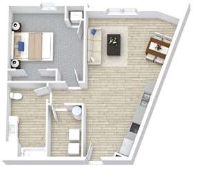 A top down view of a living room, kitchen, and dining area.