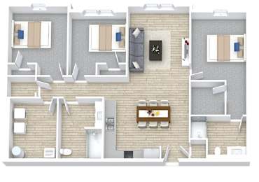 A top down view of a house with a kitchen, living room, and two bedrooms.