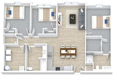 A top down view of a house with a kitchen, living room, and two bedrooms.