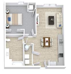 A top down view of a living room with a couch, chair, and coffee table.