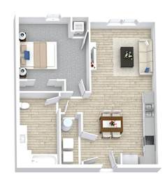 A top down view of a living room with a couch, a coffee table, and a television.