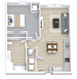A top down view of a small apartment with a kitchen, living room, and bathroom.