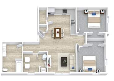 A 3D rendered image of a house layout.