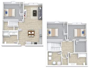 Two images of a house layout with a kitchen, living room, and bedrooms.