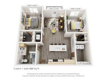 A 3D floor plan of a 2 bedroom, 1 bathroom apartment.