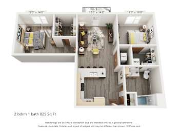 A 2 bedroom 1 bath apartment is 825 square feet.