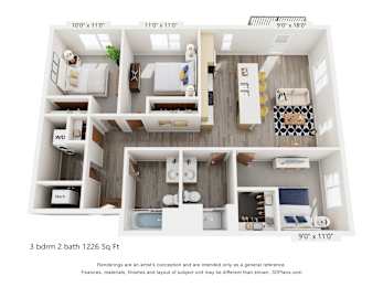A 3D rendering of a 3 bedroom, 2 bathroom apartment sized at 1226 square feet.