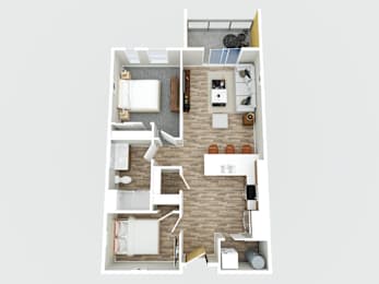 A top-down view of a small apartment with a kitchen, living room, and bedroom.