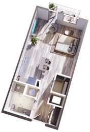 A top-down view of a modern apartment layout.