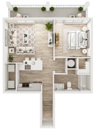 a floor plan of a bedroom with a bathroom and a living room