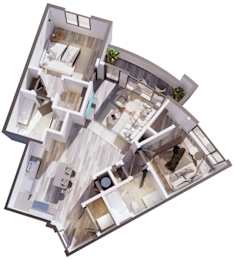 A 3D floor plan of a house with multiple rooms and a kitchen.