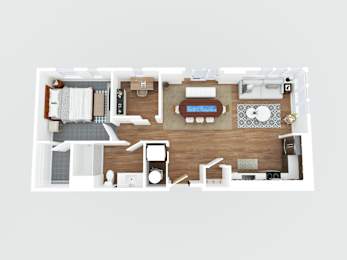 A top-down view of a small apartment with a kitchen, living room, and bathroom.