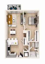 A top-down view of a small apartment with a kitchen, living room, and bedroom.