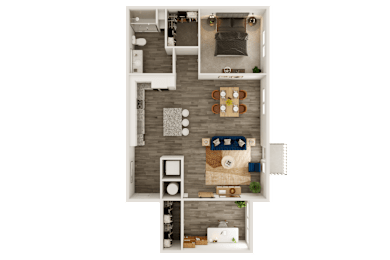 A top-down view of a small apartment layout with a kitchen, living room, and bedrooms.