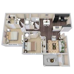 A 3D floor plan of a house with a kitchen, living room, and bedrooms.
