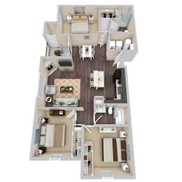 A top-down view of a two-story apartment with a living room, kitchen, and bedrooms.