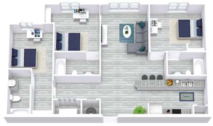 A top-down view of a two-bedroom apartment with a living room, kitchen, and bathroom.